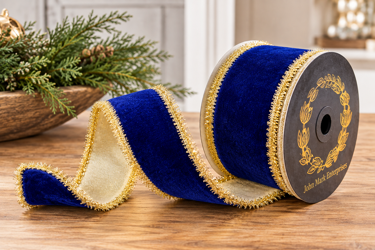 John Mark Royal Blue Velvet Gold Tinsel Ribbon | Wired Christmas Ribbon | 2.5" x 10yd-JME-WN25-063-BLUE-2.5 John Mark Enterprises
