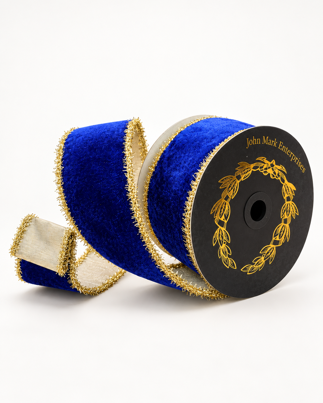 John Mark Royal Blue Velvet Gold Tinsel Ribbon | Wired Christmas Ribbon | 2.5" x 10yd-JME-WN25-063-BLUE-2.5 John Mark Enterprises