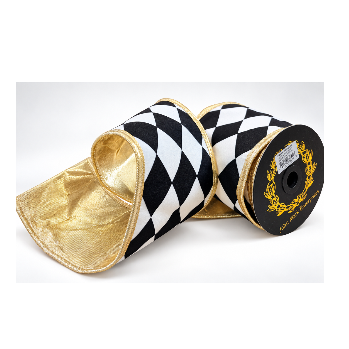 John Mark Black White Harlequin Ribbon | Gold Metallic Backing Wired Ribbon | 4" x 5yd-JME-WN25-030-BLK-4 John Mark Enterprises