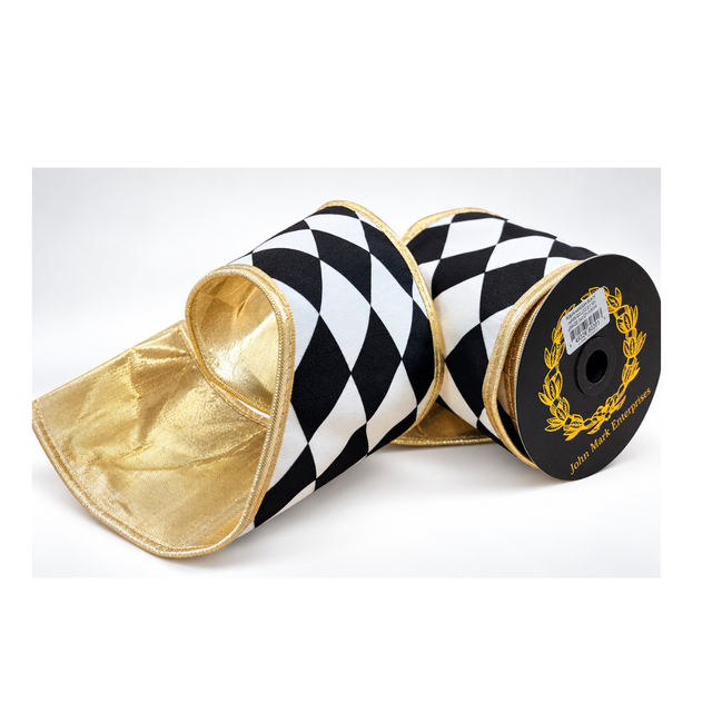John Mark Black White Harlequin Ribbon | Gold Metallic Backing Wired Ribbon | 4" x 5yd-JME-WN25-030-BLK-4 John Mark Enterprises
