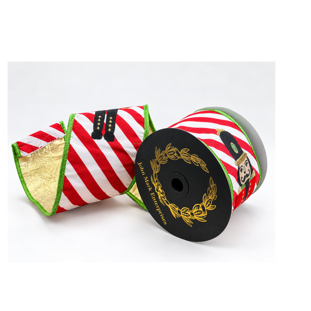 John Mark Nutcracker Print Metallic Ribbon | Red White Stripe Wired Ribbon | 4" x 10yd-JME-WN25-078-MULTI-4 John Mark Enterprises