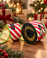 John Mark Nutcracker Print Metallic Ribbon | Red White Stripe Wired Ribbon | 4" x 10yd-JME-WN25-078-MULTI-4 John Mark Enterprises