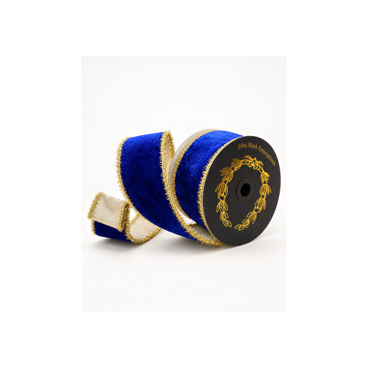 John Mark Royal Blue Velvet Gold Tinsel Ribbon | Wired Christmas Ribbon | 2.5" x 10yd-JME-WN25-063-BLUE-2.5 John Mark Enterprises