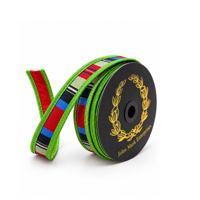 John Mark Nutcracker Striped Metallic Ribbon | Red Green Blue Wired Ribbon | 1" x 10yd-JME-WN25-067-RED-1 John Mark Enterprises