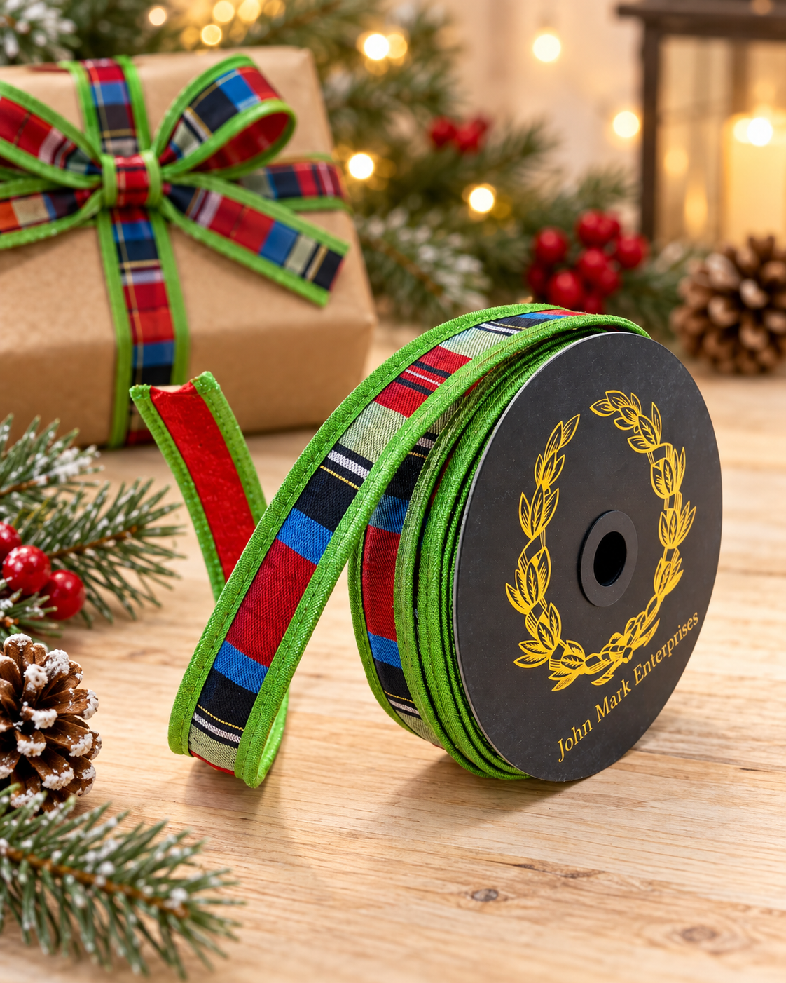 John Mark Nutcracker Striped Metallic Ribbon | Red Green Blue Wired Ribbon | 1" x 10yd-JME-WN25-067-RED-1 John Mark Enterprises