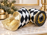 John Mark Black White Harlequin Ribbon | Gold Metallic Backing Wired Ribbon | 4" x 5yd-JME-WN25-030-BLK-4 John Mark Enterprises