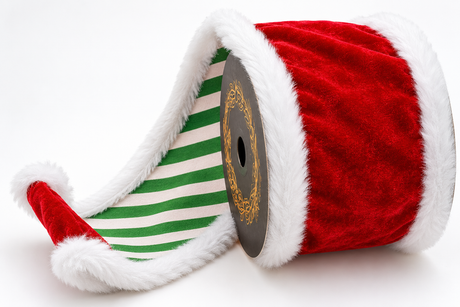 Red Velvet Fur Trim Ribbon | Santa Stripe Christmas Ribbon | 4" x 5yd-JME-WN025-091-RED-4 John Mark Enterprises