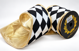 John Mark Black White Harlequin Ribbon | Gold Metallic Backing Wired Ribbon | 4" x 5yd-JME-WN25-030-BLK-4 John Mark Enterprises