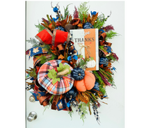 Load image into Gallery viewer, Large Fall Door Wreath – Blue and Orange Pumpkins, &#39;Give Thanks&#39; Sign, Floral &amp; Ribbon Accents – Seasonal Porch Décor-TCT1648