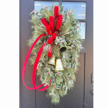 Load image into Gallery viewer, XL Designer Holly &amp; Pine Bell Swag- Rustic Elegant Winter Front Door Decor, 40x25, Christmas Swag with Red Velvet Bow and Bells