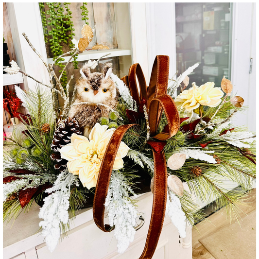 Rustic Winter Chalet Owl Centerpiece – Large Holiday Table Arrangement | Pecan Velvet & Cream Dahlias TCT Crafts