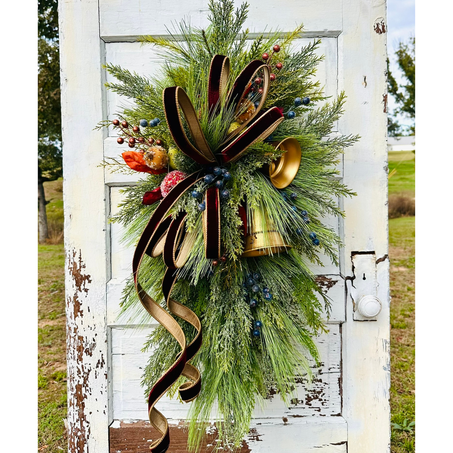 Williamsburg Christmas Swag with Gold Bells & Glittered Fruit – Elegant Holiday Door Decoration 40x24 TCT Crafts