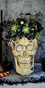 Animated 36x24" Skull Porch Decor | Motion-Sensor Lights and Music | Black Roses & Velvet Vines | Spooky Halloween Accent-TCT1678