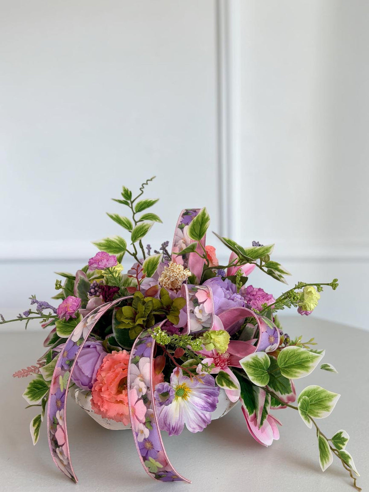 Spring Dough Bowl Floral Arrangement – Pink & Lavender Centerpiece TCT Crafts