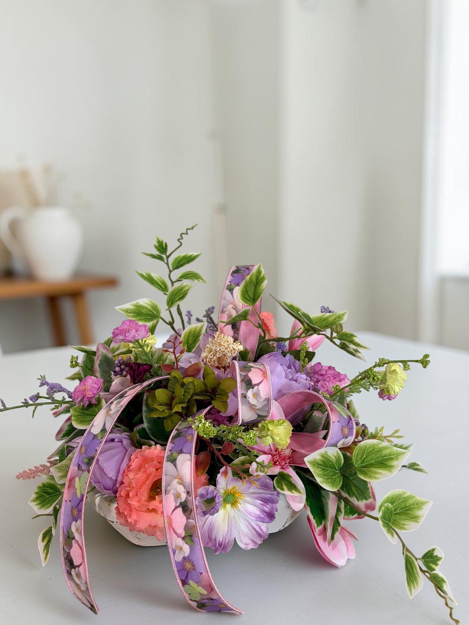Spring Dough Bowl Floral Arrangement – Pink & Lavender Centerpiece TCT Crafts