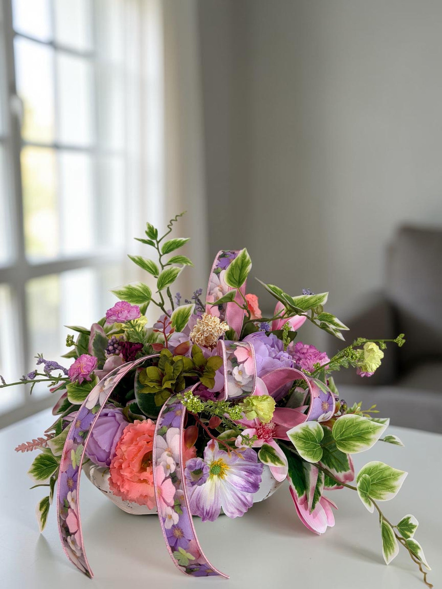 Spring Dough Bowl Floral Arrangement – Pink & Lavender Centerpiece TCT Crafts