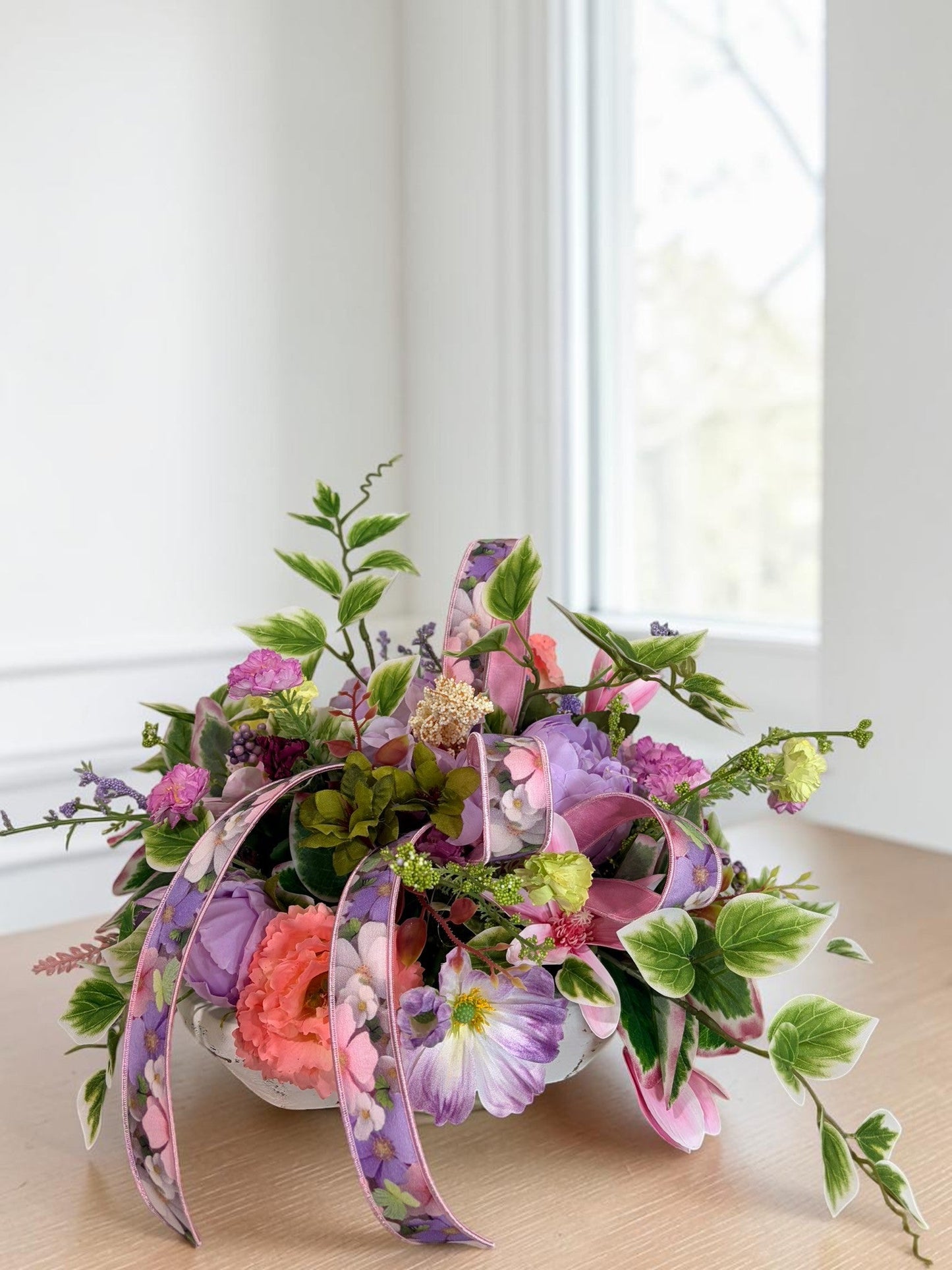 Spring Dough Bowl Floral Arrangement – Pink & Lavender Centerpiece TCT Crafts