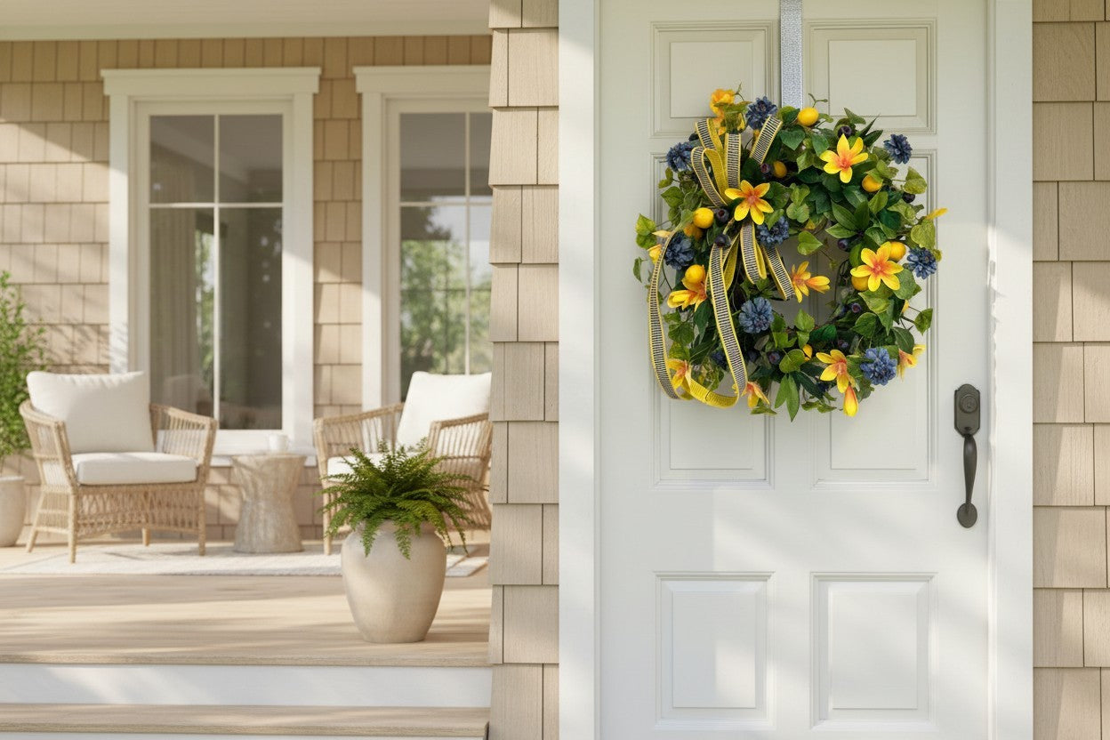 Summer Lemon Blueberry Wreath Yellow Magnolia Front Door Decor TCT Crafts