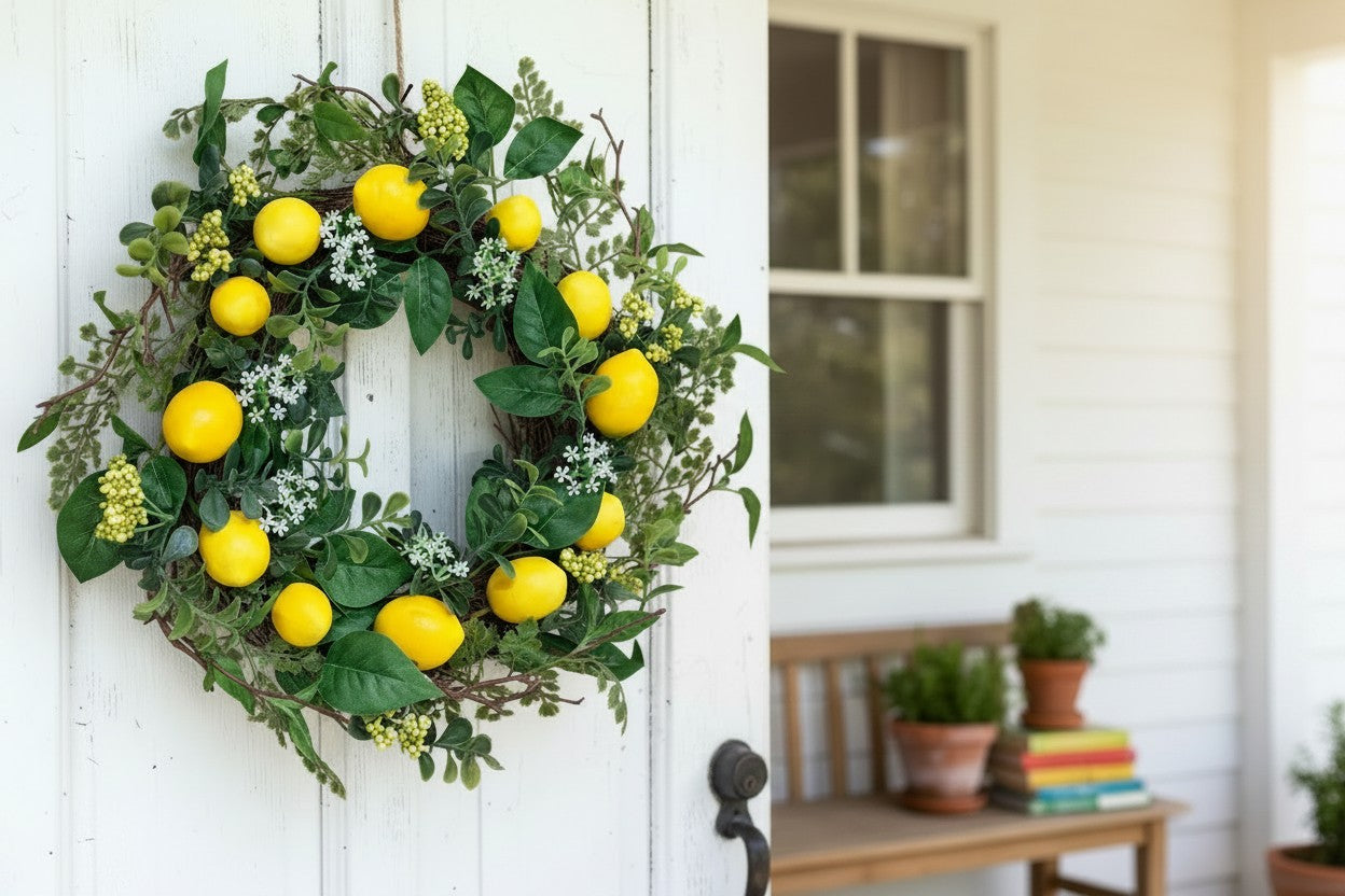 18 Inch Lemon Wreath for Storm Door Kitchen Cabinet and Summer Decor Sims Pottery