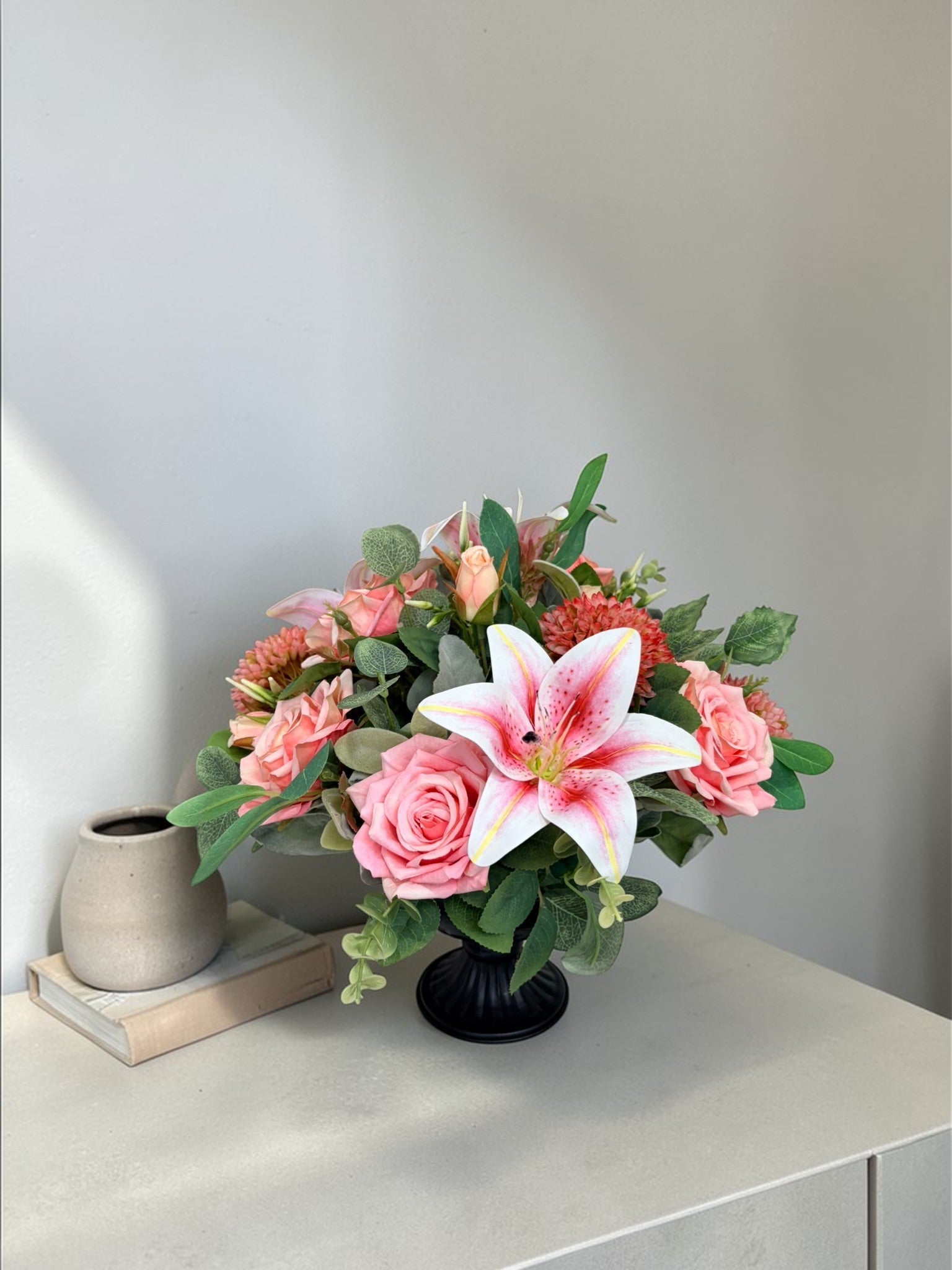 Pink Lily Rose Arrangement Faux Flowers 14 Inch Centerpiece TCT Crafts