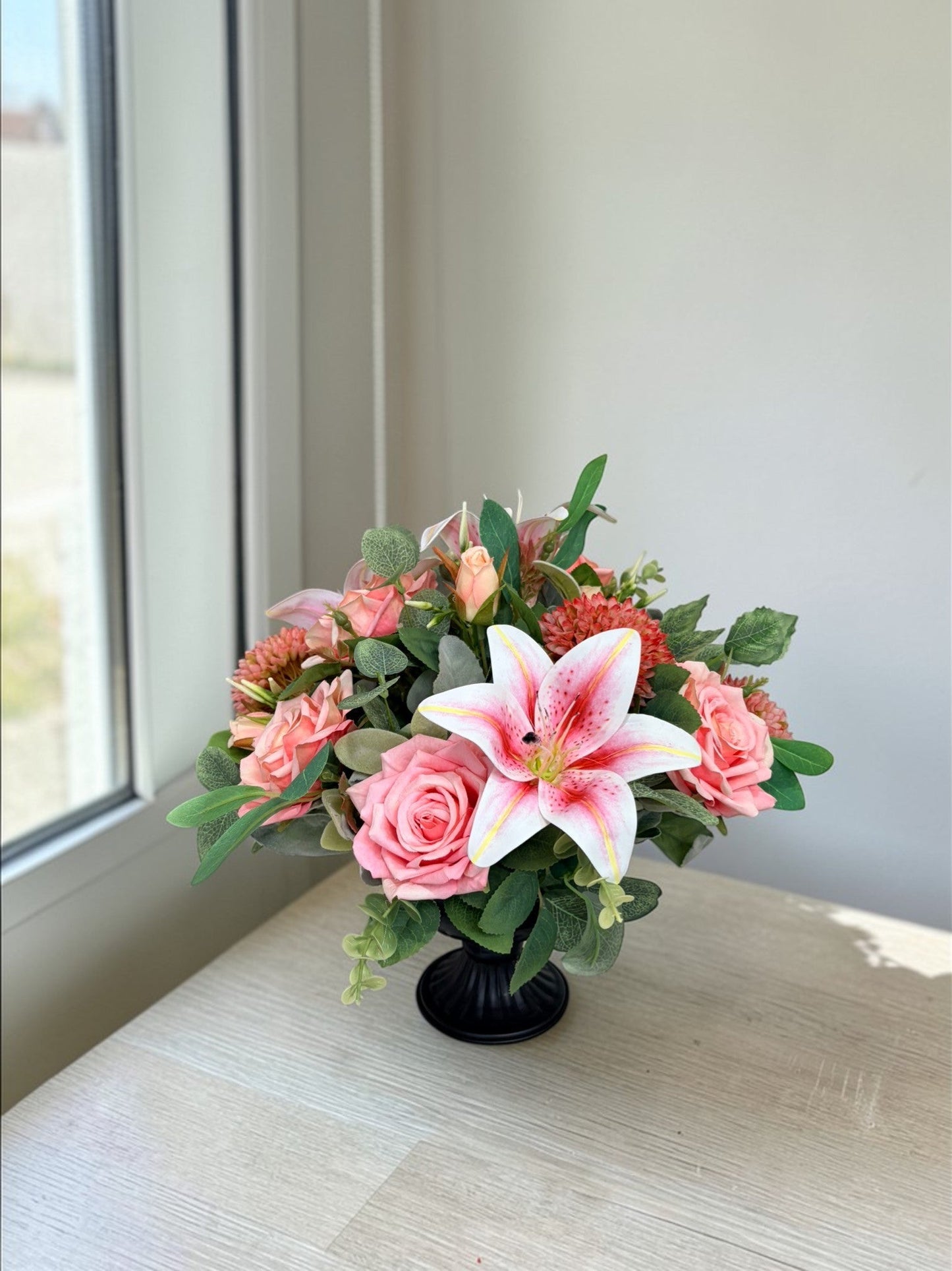 Pink Lily Rose Arrangement Faux Flowers 14 Inch Centerpiece TCT Crafts