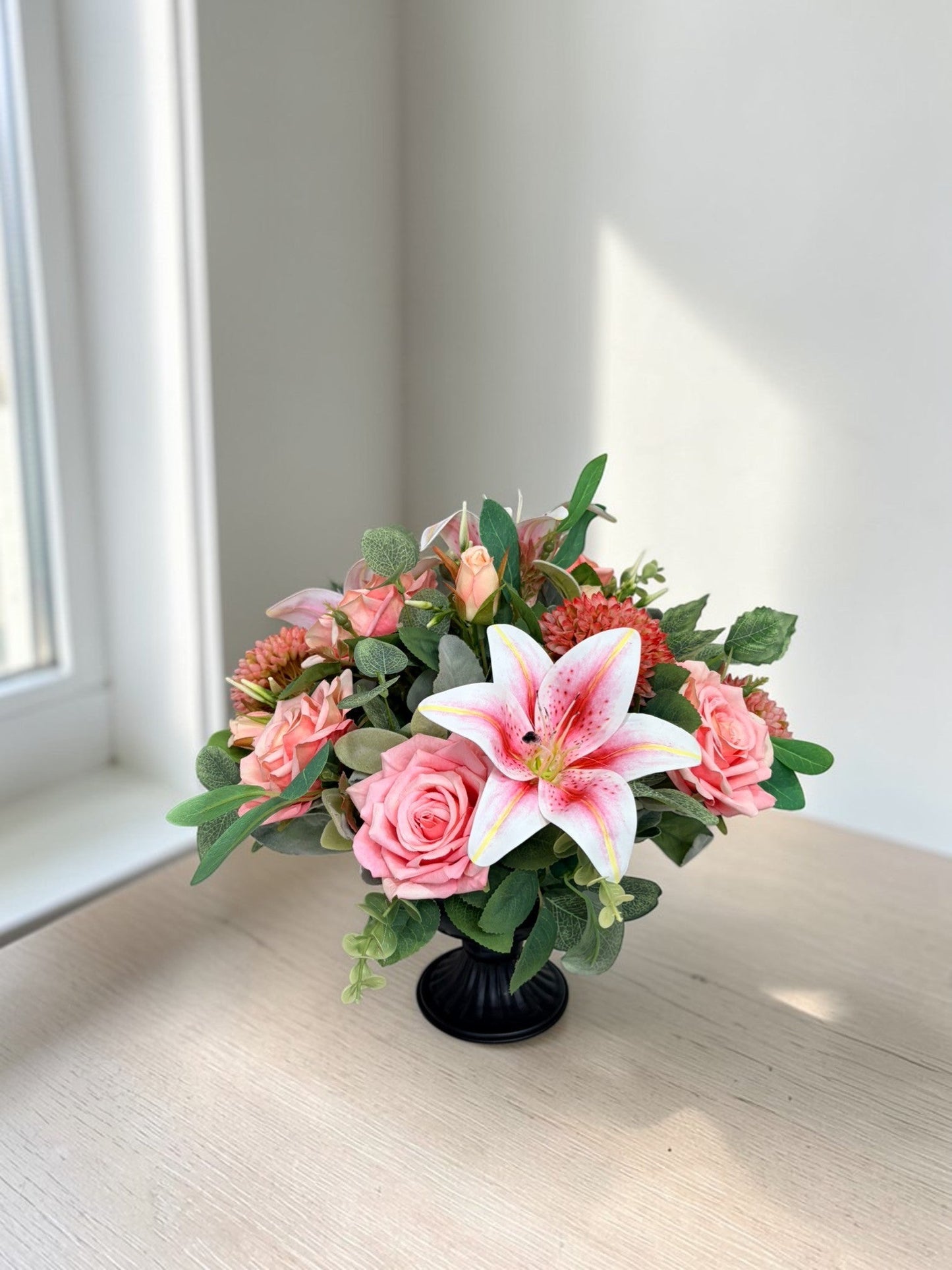Pink Lily Rose Arrangement Faux Flowers 14 Inch Centerpiece TCT Crafts