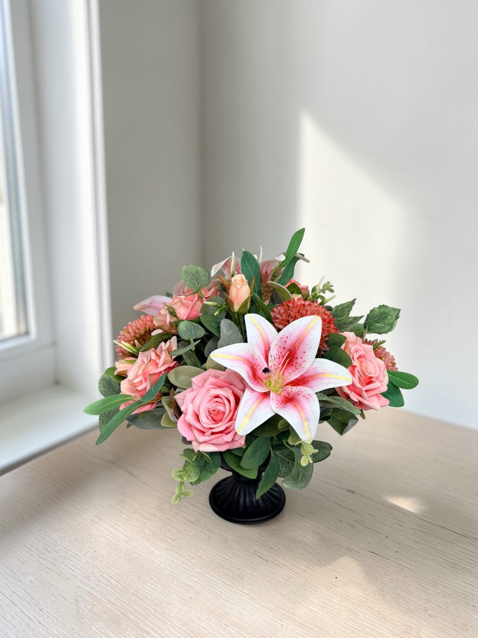 Pink Lily Rose Arrangement Faux Flowers 14 Inch Centerpiece TCT Crafts