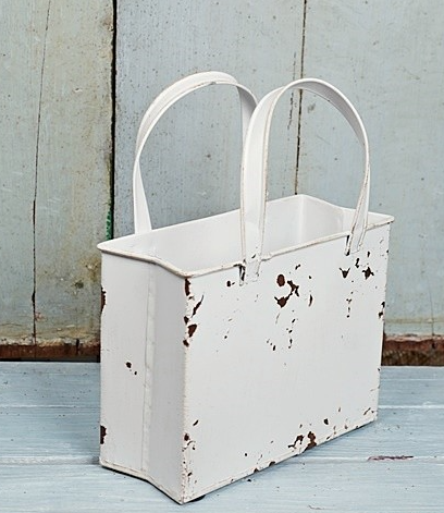 Distressed White Metal Tote Bag – Rustic Farmhouse Container for Floral Arrangements & Holiday Decor-M10827 Impressive Enterprises, Inc.