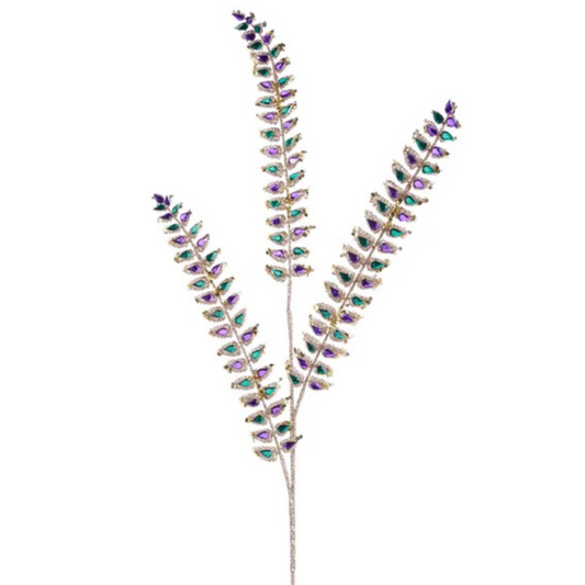Mardi Gras Glitter Fern Spray – 34.5" Purple Green Gold Jewel Stem-HG3341 Craig Bachman