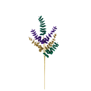 Mardi Gras Glitter Eucalyptus Pick, 17" Purple Green Gold Stem, Festive Carnival Floral Decor- HG3284