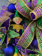 Load image into Gallery viewer, Colorful Mardi Gras Jester Wreath - Festive 32x28 Holiday Door Decor with Poinsettia Flowers, Jester Character Wreath, and Glitter Accents