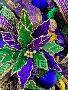 Colorful Mardi Gras Jester Wreath - Festive 32x28 Holiday Door Decor with Poinsettia Flowers, Jester Character Wreath, and Glitter Accents
