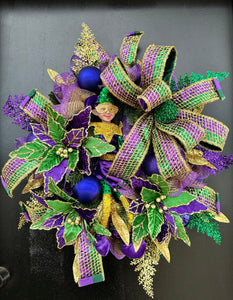 Colorful Mardi Gras Jester Wreath - Festive 32x28 Holiday Door Decor with Poinsettia Flowers, Jester Character Wreath, and Glitter Accents