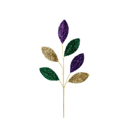 27" Mardi Gras Glitter Magnolia Leaf Spray – Purple, Green, Gold Foil Stem-HG3330 Craig Bachman