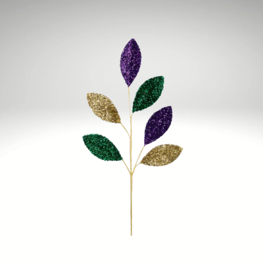 27" Mardi Gras Glitter Magnolia Leaf Spray – Purple, Green, Gold Foil Stem-HG3330 Craig Bachman
