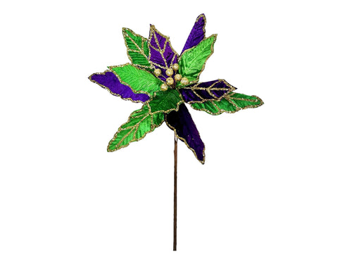 Vibrant Mardi Gras Poinsettia Flower Stem in Green, Purple & Gold - 24