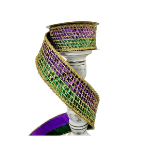 2.5"x10yd Purple/Green/Gold Mardi Gras Ribbon - Metallic Mesh with Tinsel - TCT Crafts - RGC8044