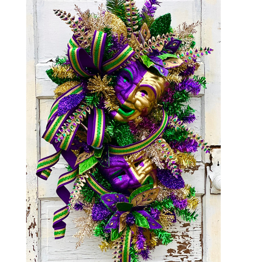 XL Mardi Gras Swag with Comedy and Tragedy Mask – Luxury Carnival Door Swag TCT Crafts