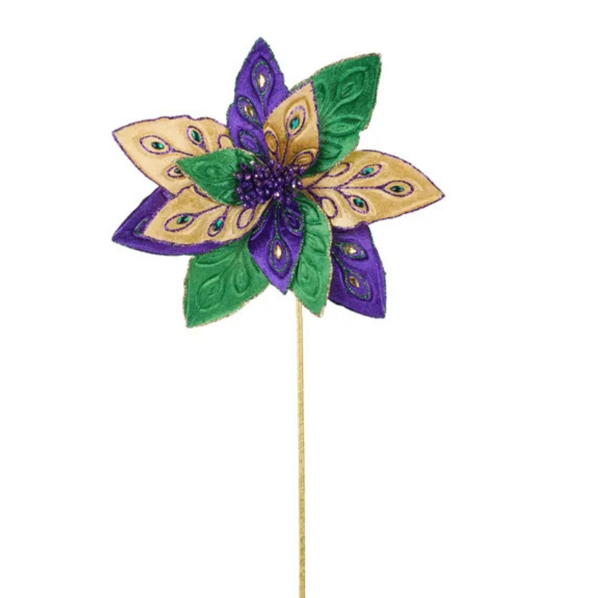 Vibrant Mardi Gras Poinsettia Flower Stem in Green, Purple & Gold - 22"L Decorative Supply-HG3266 Craig Bachman
