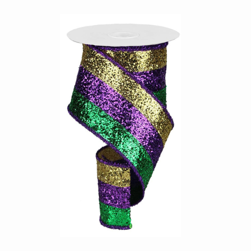 4"x10yd Mardi Gras 3-In-1 Large Glitter Tinsel Wired Ribbon – Purple, Green, Gold | TCT Crafts I RG8986AP Craig Bachman