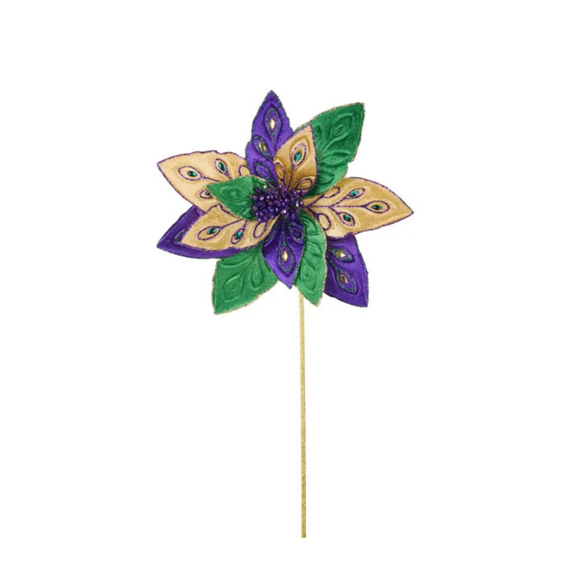Vibrant Mardi Gras Poinsettia Flower Stem in Green, Purple & Gold - 22"L Decorative Supply-HG3266 Craig Bachman