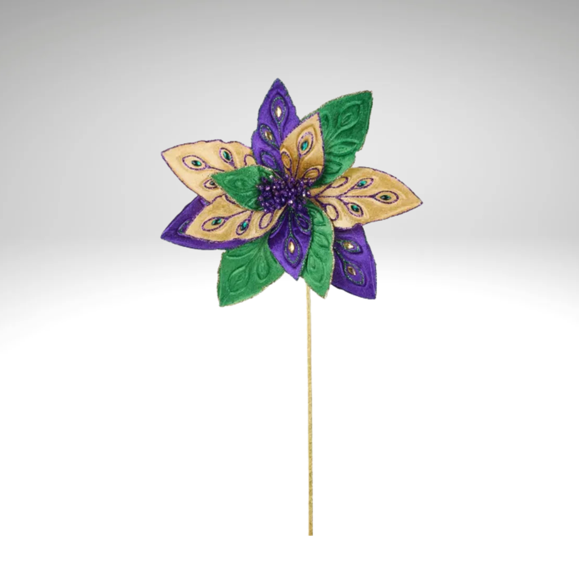 Vibrant Mardi Gras Poinsettia Flower Stem in Green, Purple & Gold - 22"L Decorative Supply-HG3266 Craig Bachman