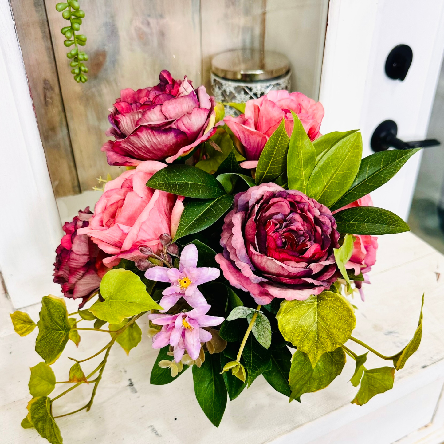 Mauve Rose Floral Arrangement | Small Silk Flower Centerpiece in Pewter Compote TCT Crafts