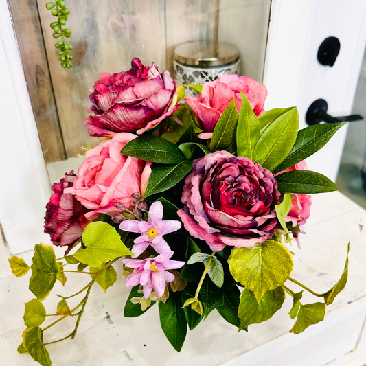 Mauve Rose Floral Arrangement | Small Silk Flower Centerpiece in Pewter Compote TCT Crafts