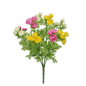 16" Artificial Mini Ranunculus Bush – Realistic Faux Flowers in Pink, Yellow & White for Home Décor & Floral Arrangements-84055-CRYELFU