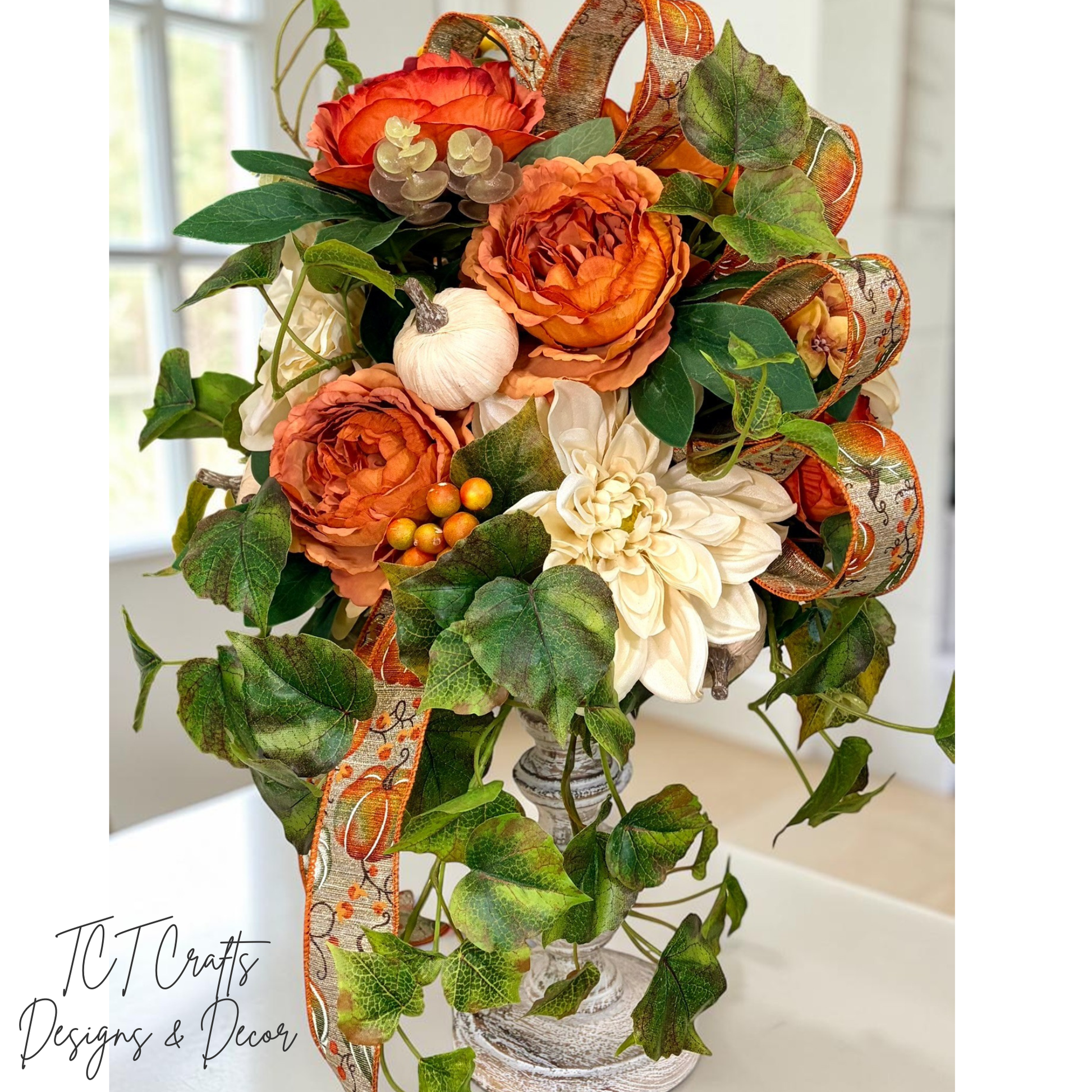 Fall Candlestick Arrangement with Dahlia Roses Ivy and Pumpkin Decor TCT Crafts