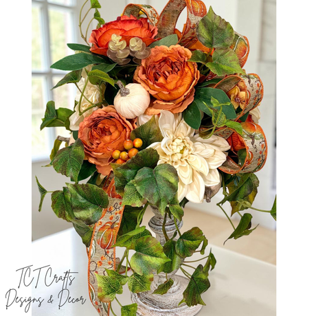 Fall Candlestick Arrangement with Dahlia Roses Ivy and Pumpkin Decor TCT Crafts