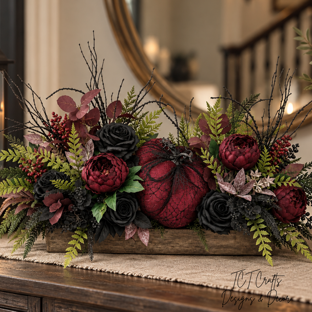 Gothic Glam Halloween Centerpiece | Burgundy and Black Rose Table Display TCT Crafts