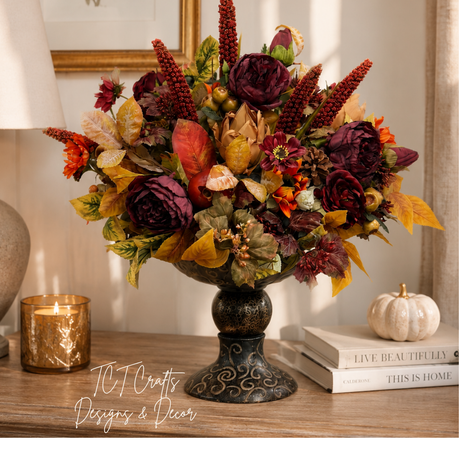 Designer Fall Arrangement in Ornate Compote — Ready-Made Artificial Centerpiece for Entryways, Buffets, and Commercial Spaces TCT Crafts
