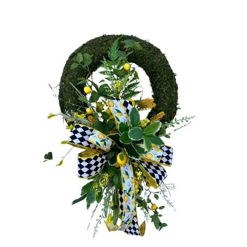 Spring/Summer Moss Lemon Wreath with Farrisilk Ribbon - Faux Lemon & Wildflower Decor - Lemon Kitchen Wall Decoration - Gift for Mom 28x18